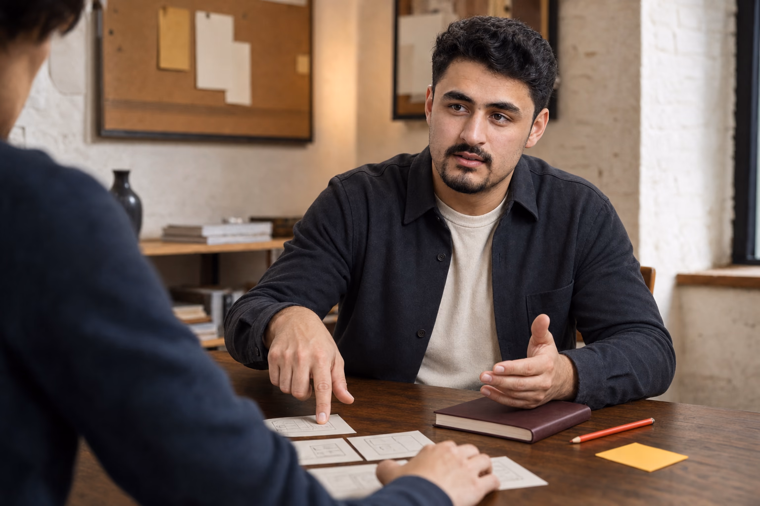 Anas discussing an idea with a collaborator around a worktable