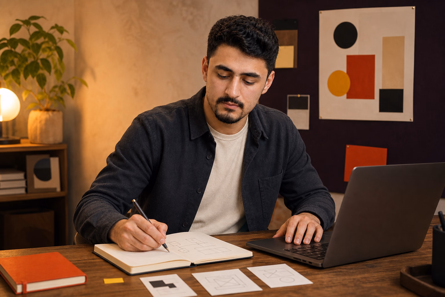 Anas taking notes while working on AI content