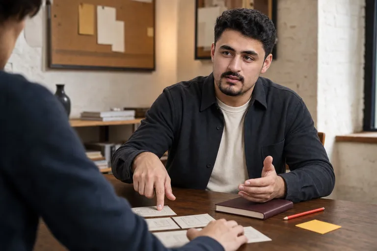 Anas discussing an idea with a collaborator around a worktable